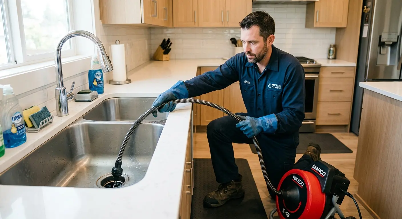 Drain cleaning technician using a motorized snake on a kitchen sink in Alden