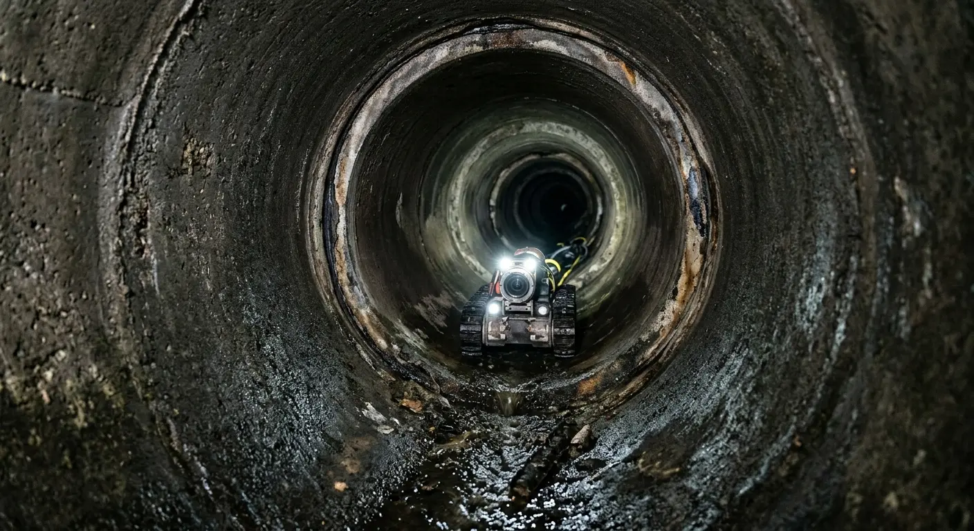 Robotic sewer camera inspecting pipe interior for Sewer Line Cleaning in Alden