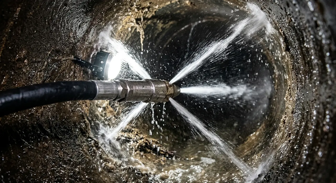 High-pressure hydro jetting nozzle cleaning sewer pipe for Sewer Cleanout in Alden