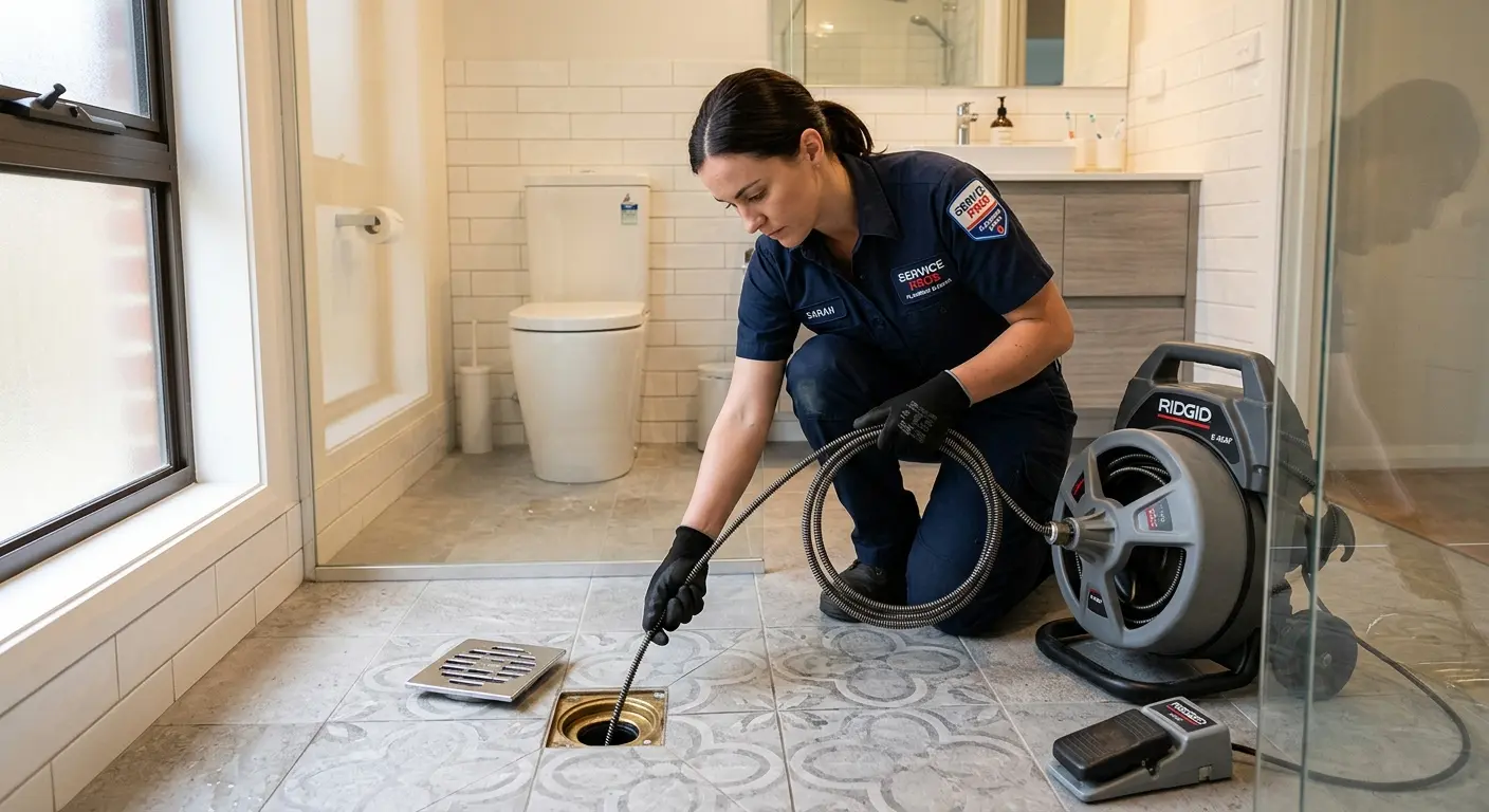 Technician clearing a bathroom floor drain for Sewer Line Installation in Alden